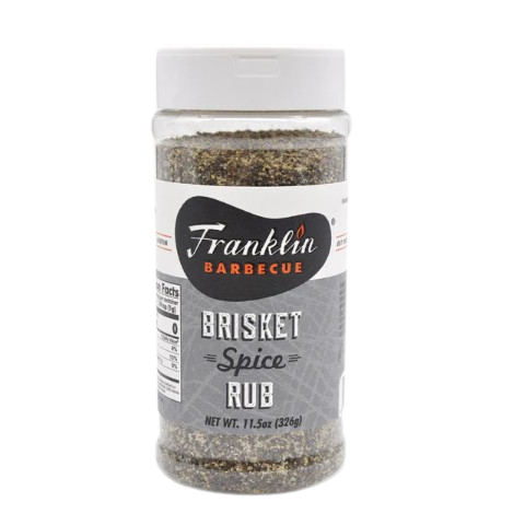 Clear plastic bottle of Franklin Barbecue brisket spice rub for grilling and outdoor cooking in BBQ sauces and spices collection