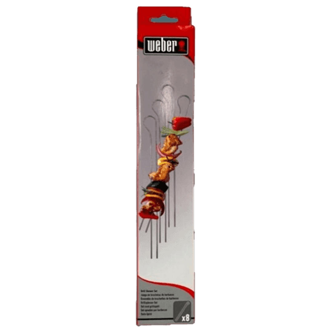 Eight stainless steel skewers with dual prongs for secure grilling, ideal for outdoor cooking and grill accessories.