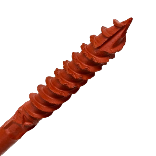 Close-up of red threaded hook bolt for heavy-duty fastening in hardware and lumber building materials collections