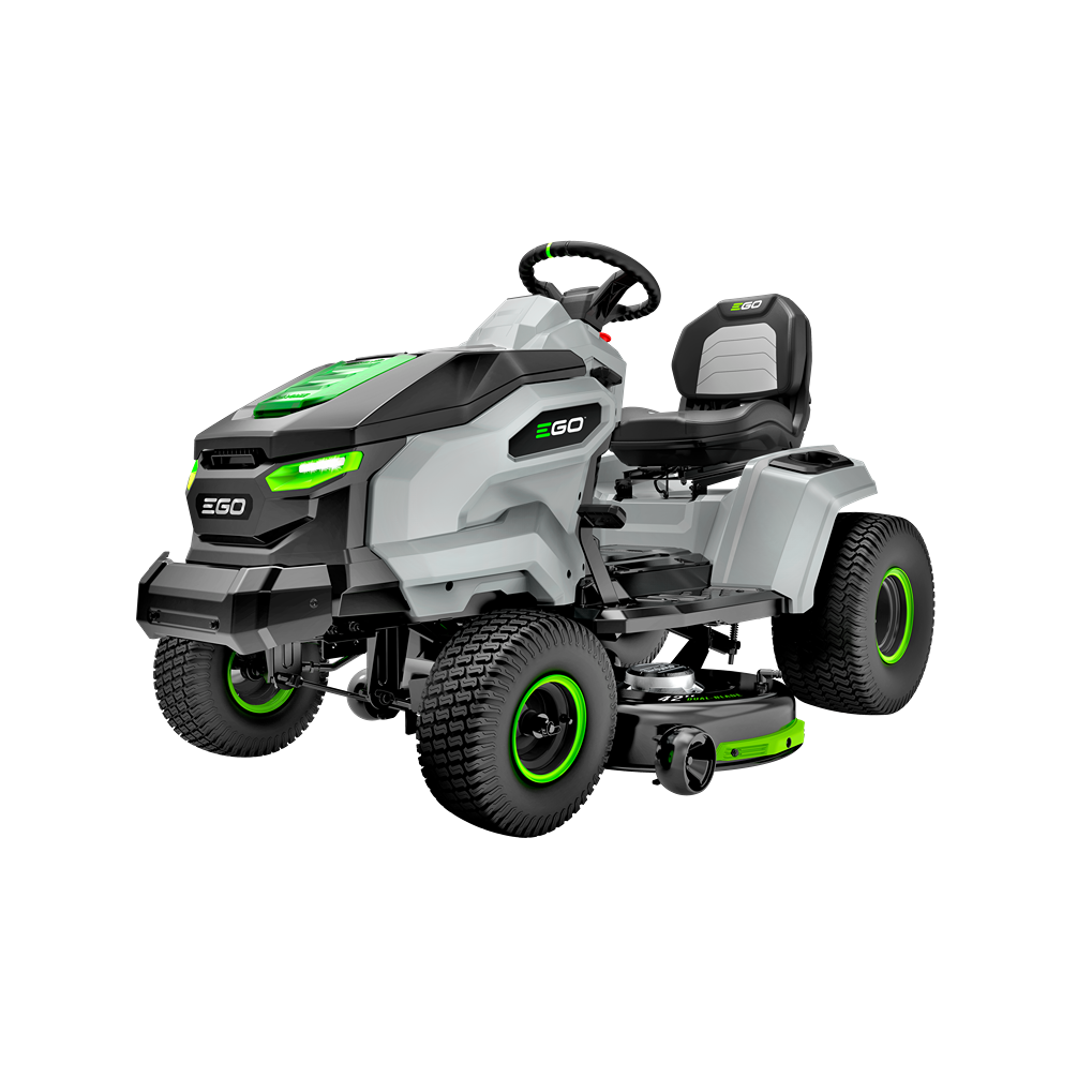 Side angled view of gray and black EGO battery powered riding lawn tractor with green trim for outdoor power equipment and home improvement