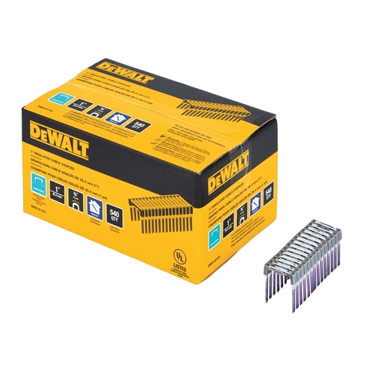 Box of yellow and black insulated metal cable staples with a separate bundle for home improvement and tools use