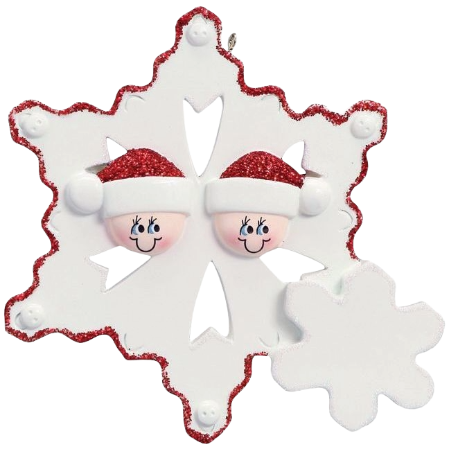 White snowflake ornament with smiling couple wearing red Santa hats for Christmas décor under $50