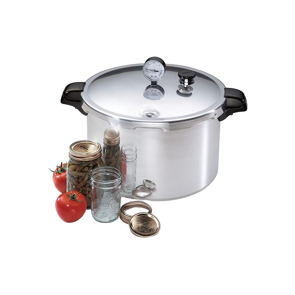 16-quart aluminum pressure cooker with clear pressure gauge, black handles, and canning jars, in kitchenware collection
