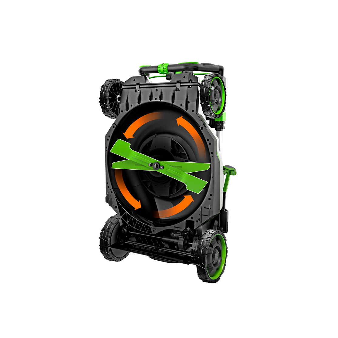 Underside view of a black and green mower deck with rotating blade and wheels for outdoor power equipment use