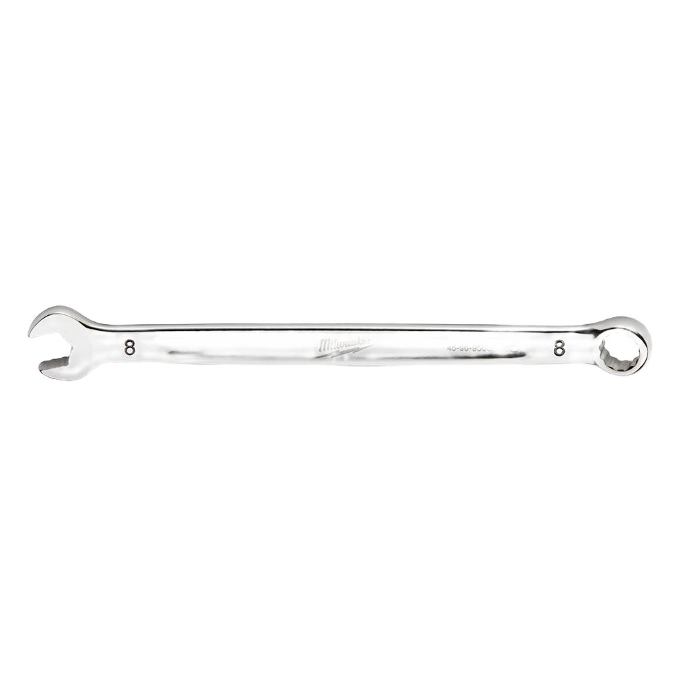 Polished steel 8-mm metric combination wrench with open and box ends for precision home improvement tasks