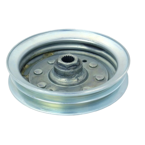 Metal transmission sheave with dual grooves and central hub for chain or belt drive in tools and home improvement projects
