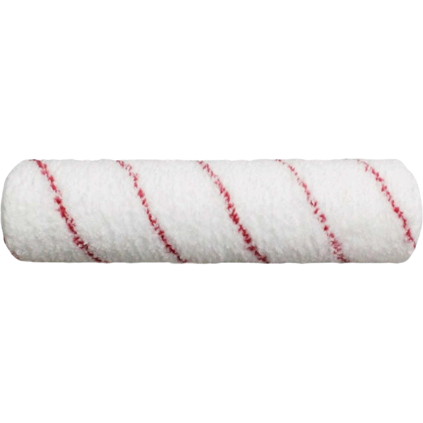 White microfiber mini roller cover with red spiral stripes for paint application in home improvement supplies collections