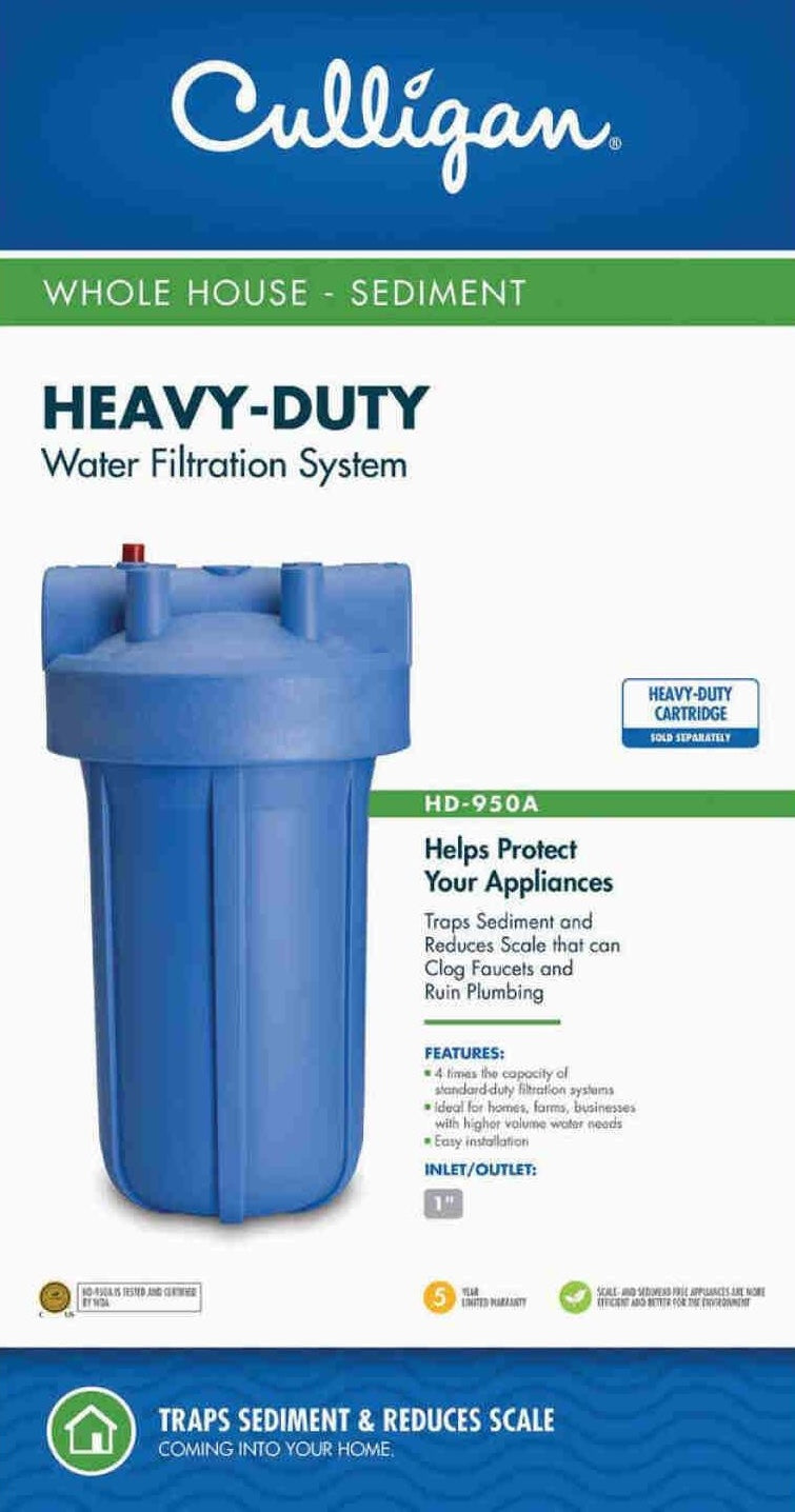 Blue heavy-duty whole house sediment filtration system for trapping sediment and reducing scale in home plumbing