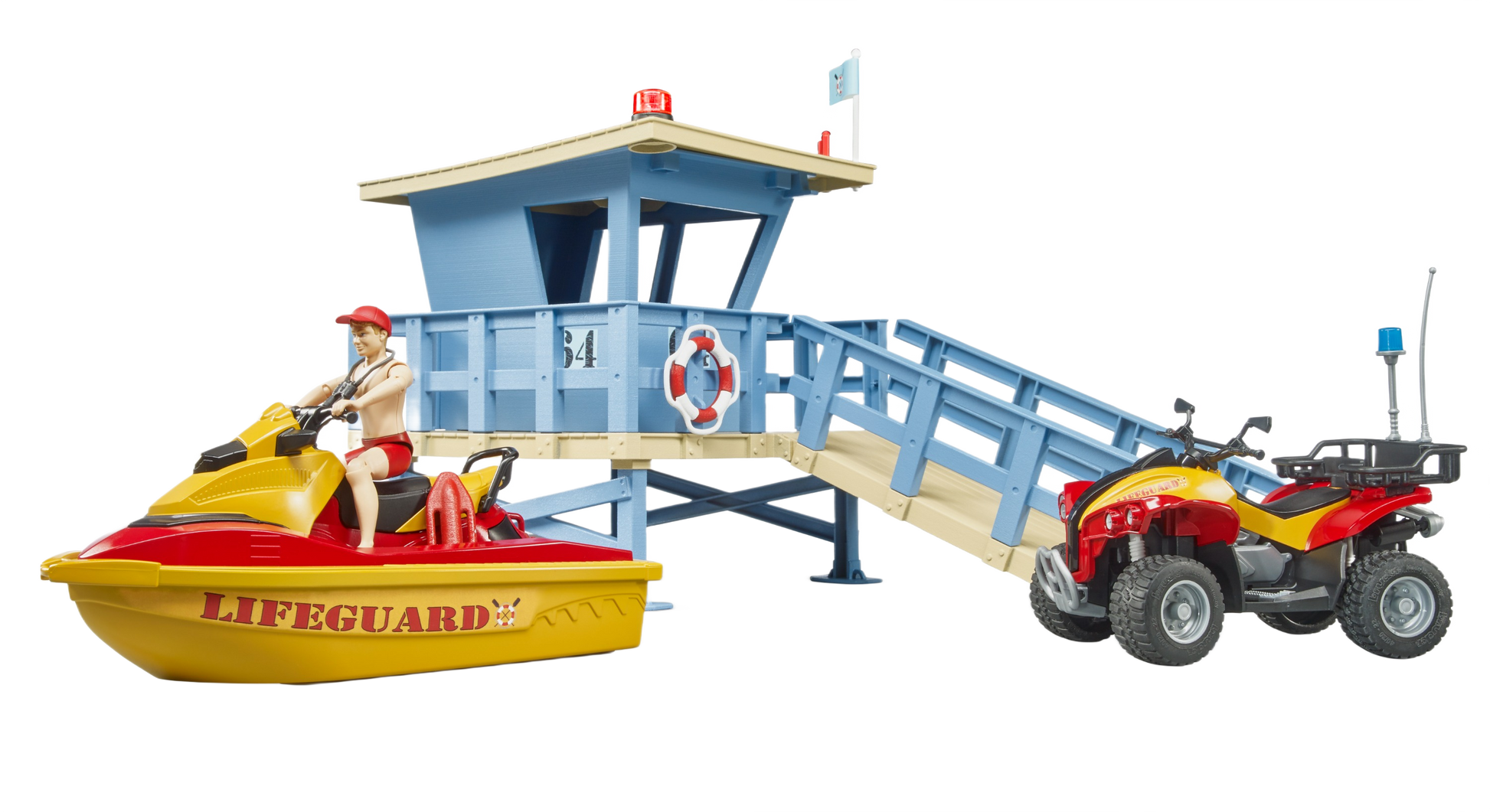 Blue lifeguard station playset with yellow watercraft, red quad, and lifeguard figure from Bruder Toys under $100 collection