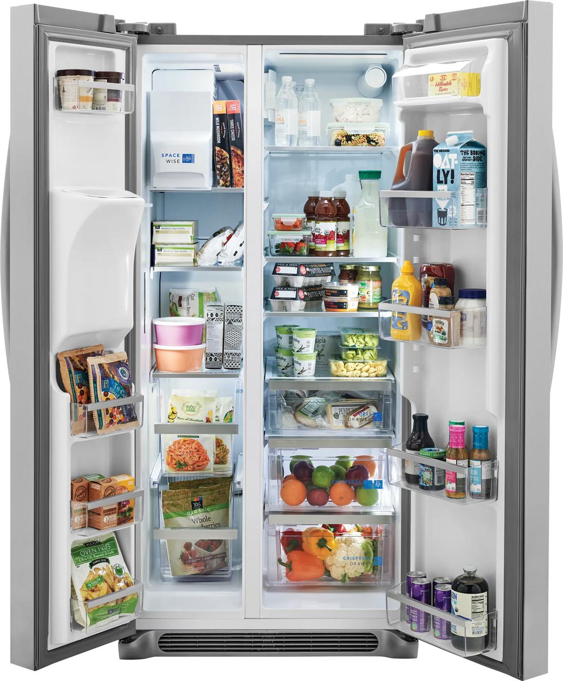 Open stainless steel side-by-side refrigerator filled with beverages, dairy, fresh produce, and condiments for kitchen use