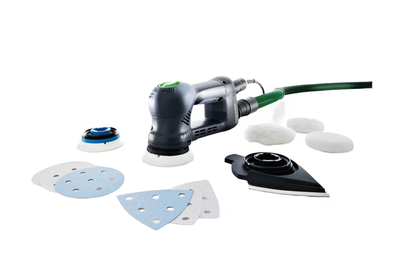 Rotex multi-mode sander with green cord, sanding pads, polishing pads, and triangular sanding attachment for tools and home improvement