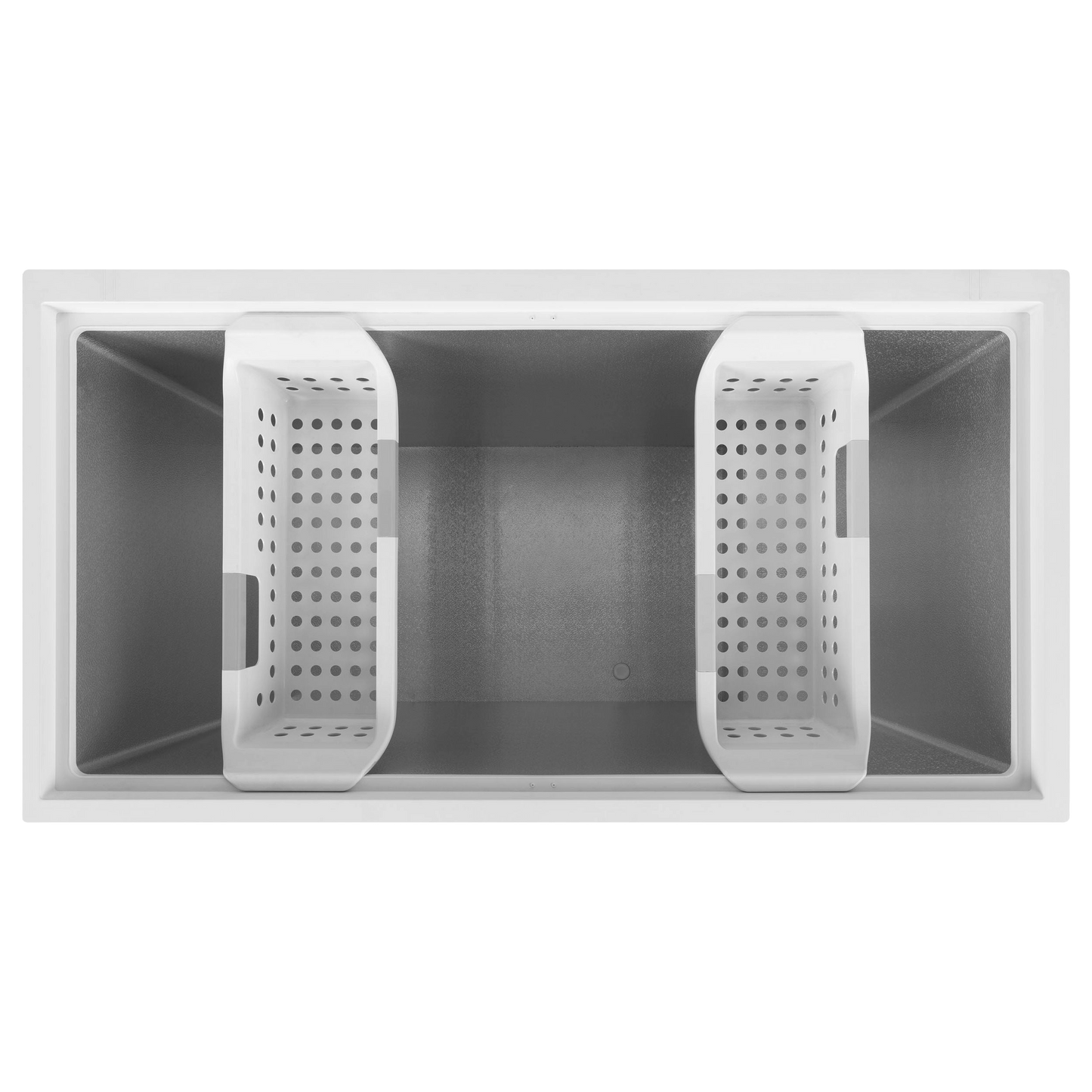Top view of white manual defrost chest freezer interior with two removable perforated baskets in freezer collection