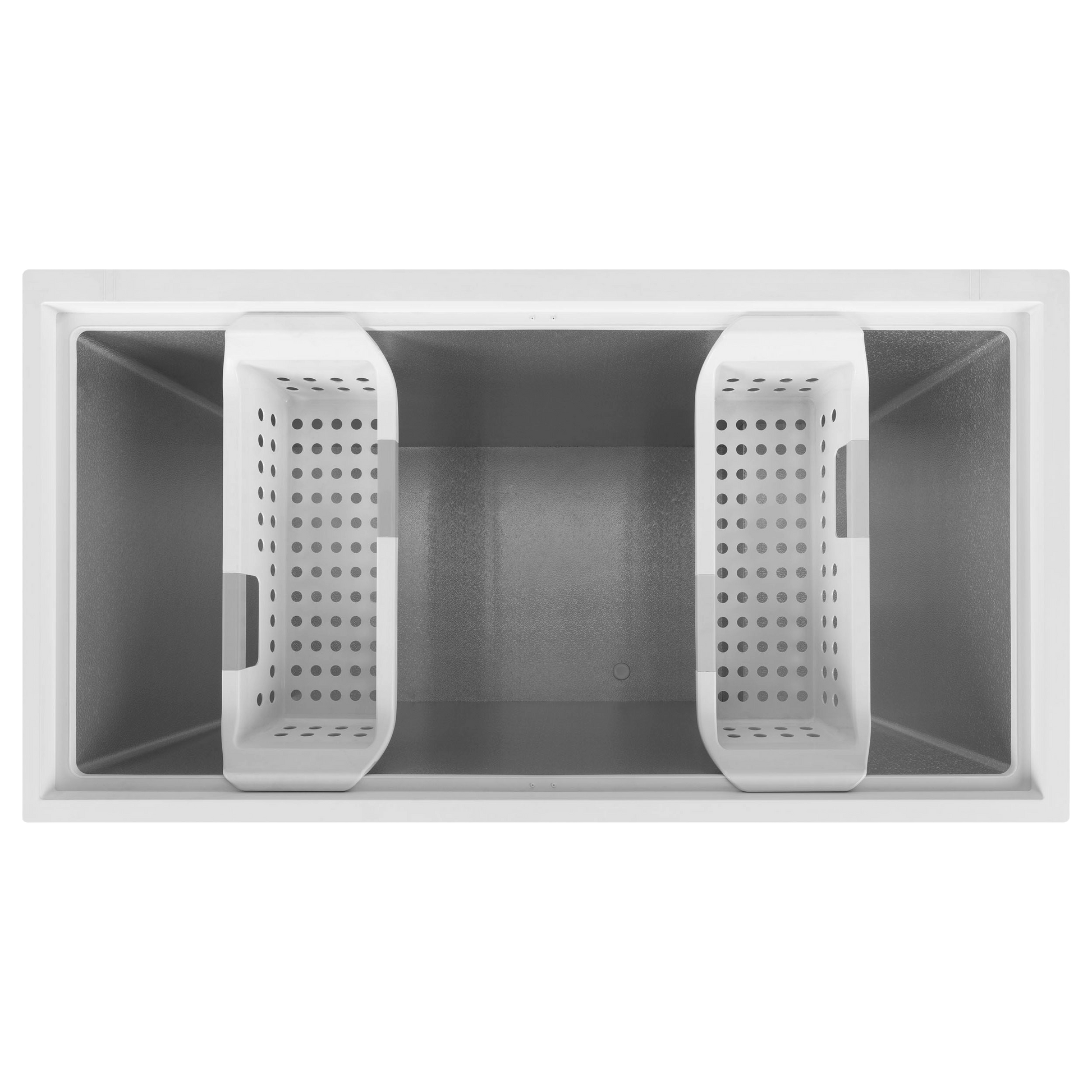 Top view of white manual defrost chest freezer interior with two removable perforated baskets in freezer collection