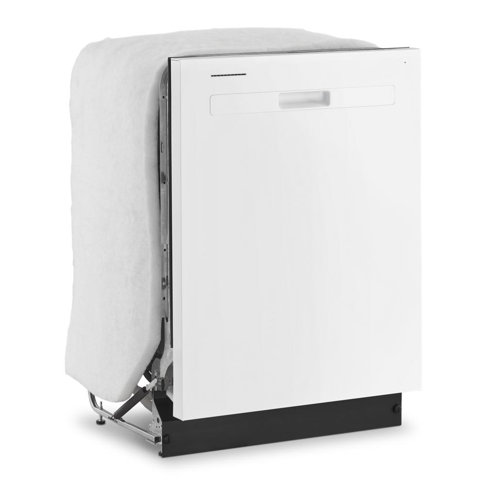 Unfinished white dishwasher with exposed sides and attached insulation shown for kitchen appliances collection