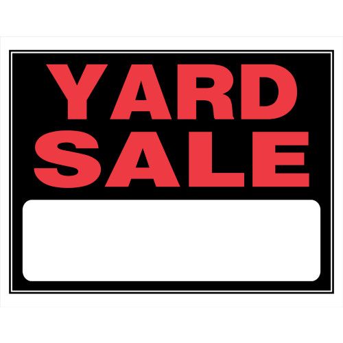 Black and red yard sale sign with blank white space for custom text, ideal for home improvement and hardware use under $50.