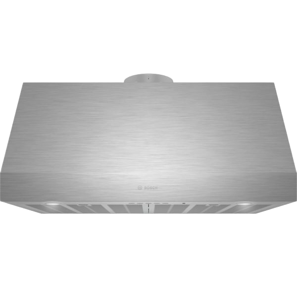 Brushed stainless steel undercabinet range hood with minimalist design from Bosch kitchen appliances collection