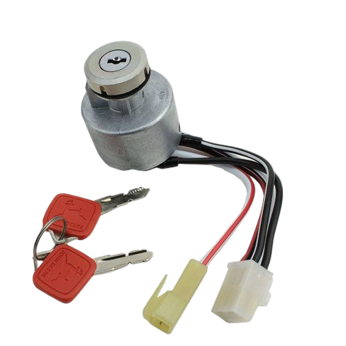 Ignition switch with metal cylinder, wiring harness, and red plastic-keyed keys for home improvement tools and equipment