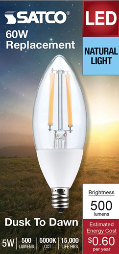 Clear B11 LED bulb with candelabra base offering natural 5000K light for energy-efficient home lighting under $50.