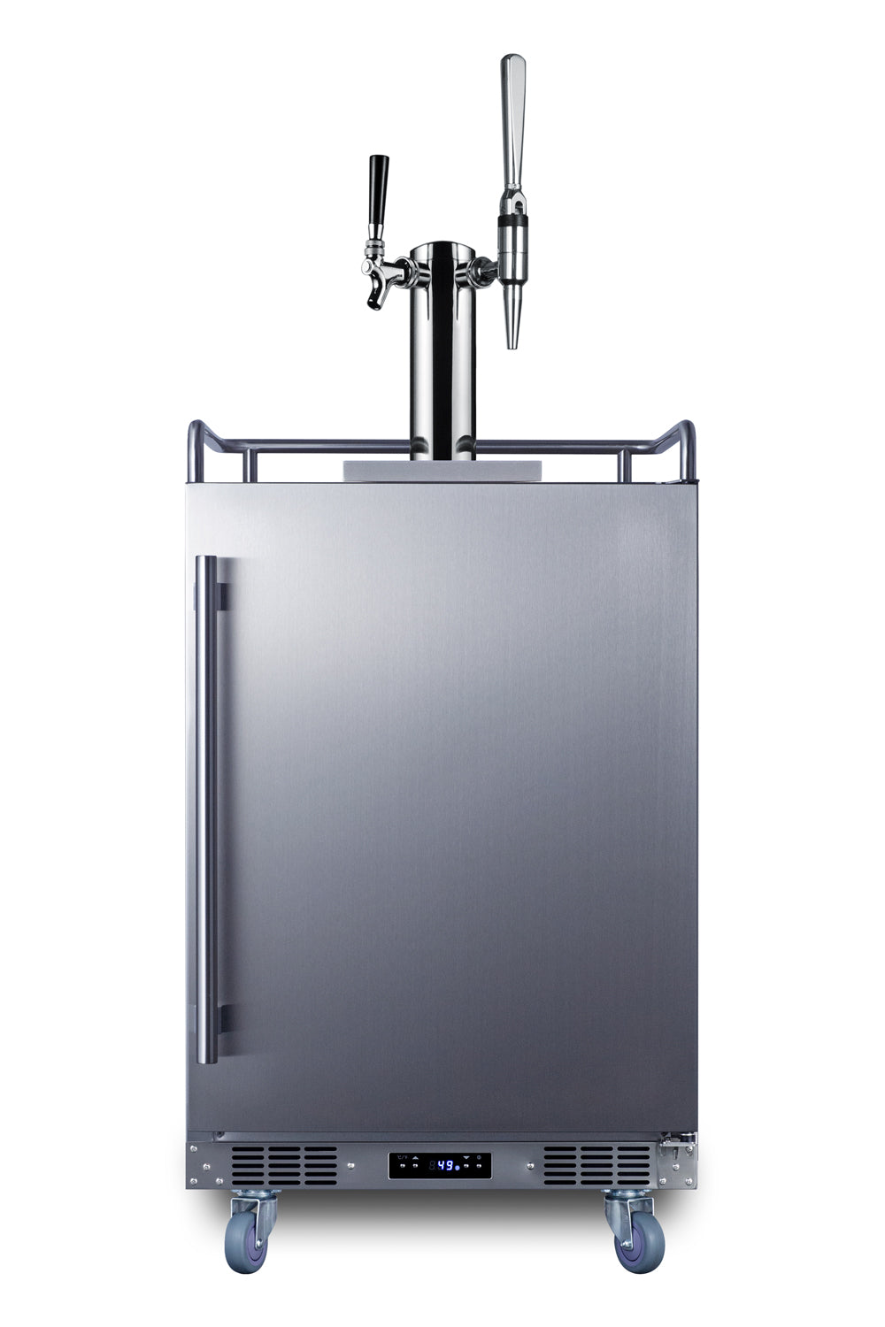 Stainless steel built-in kegerator with dual taps and digital temperature control for kitchen and appliance use