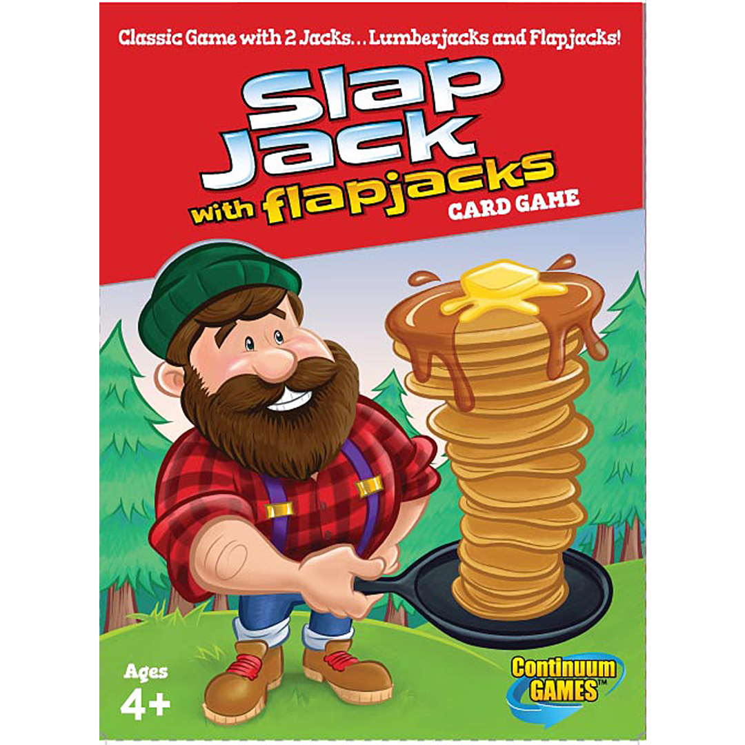 Colorful card game packaging featuring a cartoon lumberjack with a tall stack of pancakes for toys and games under $50