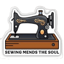Vintage style sewing machine sticker with the phrase "Sewing Mends the Soul" in black and brown colors