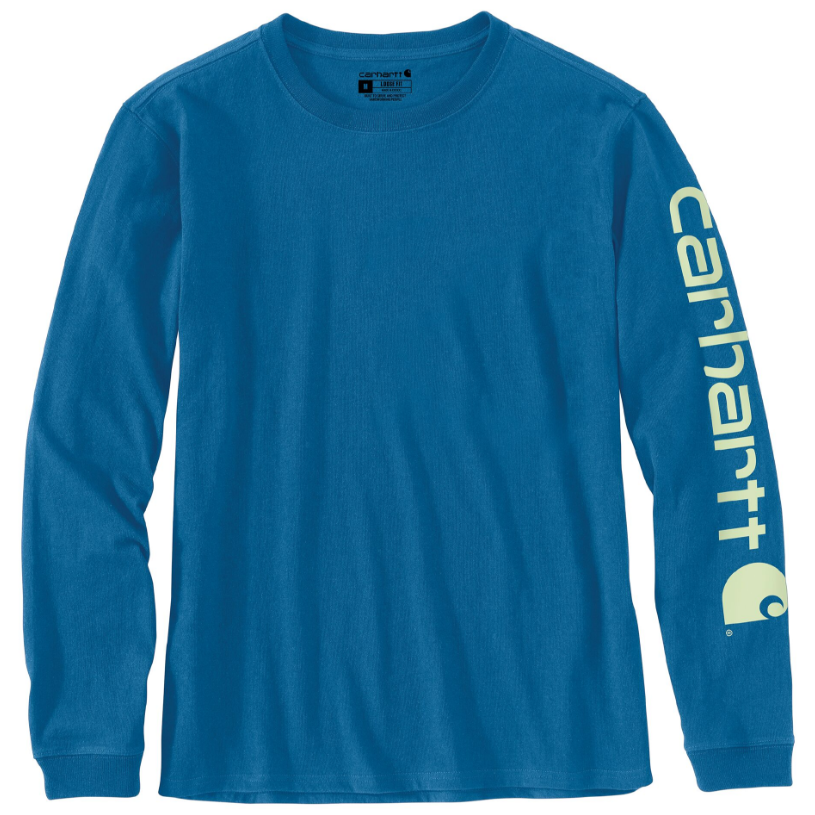 Marine blue long-sleeve cotton shirt with bold logo on sleeve, ideal for casual and workwear in women's clothing collection