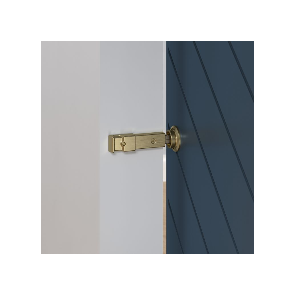 Brushed gold sliding latch lock installed on a wooden interior barn door from door hardware collection.