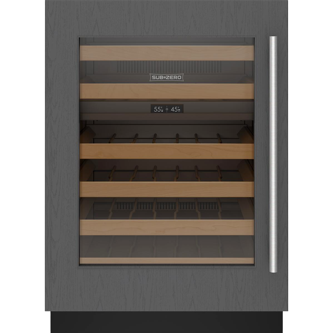 Under counter beverage center with wood shelving, digital temperature display, and stainless steel handle in kitchen appliances collection