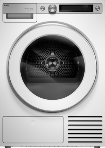 Front view of a white 24-inch tumble dryer with a circular door and digital control panel, featured in Dryers and Appliances collections at Hartville Hardware.
