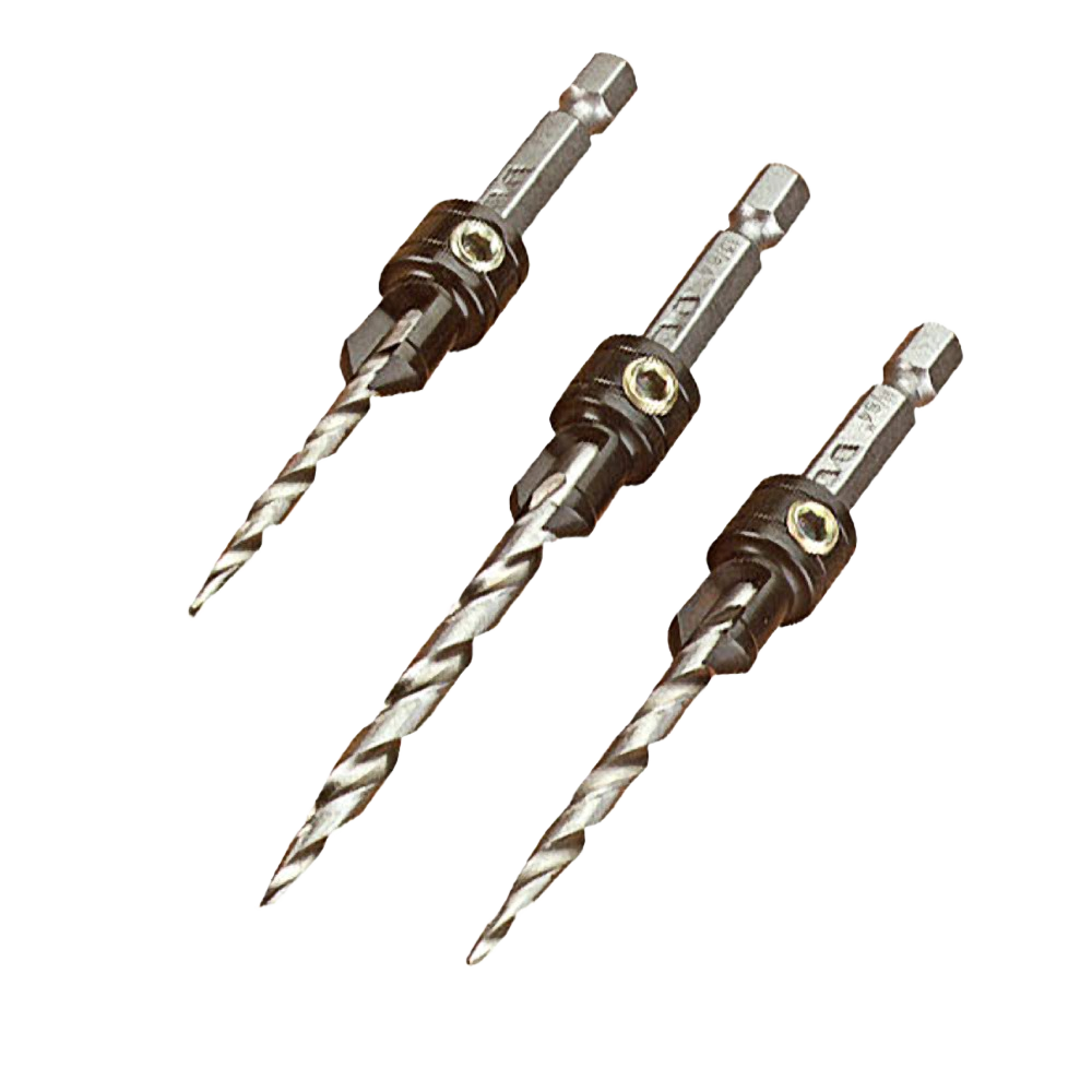Three tapered drill bits with adjustable collars for precise hole depth in tools and home improvement projects