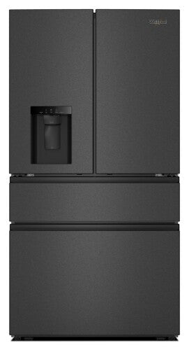 Matte black French door refrigerator with water dispenser and dual bottom freezer drawers from kitchen appliances collection