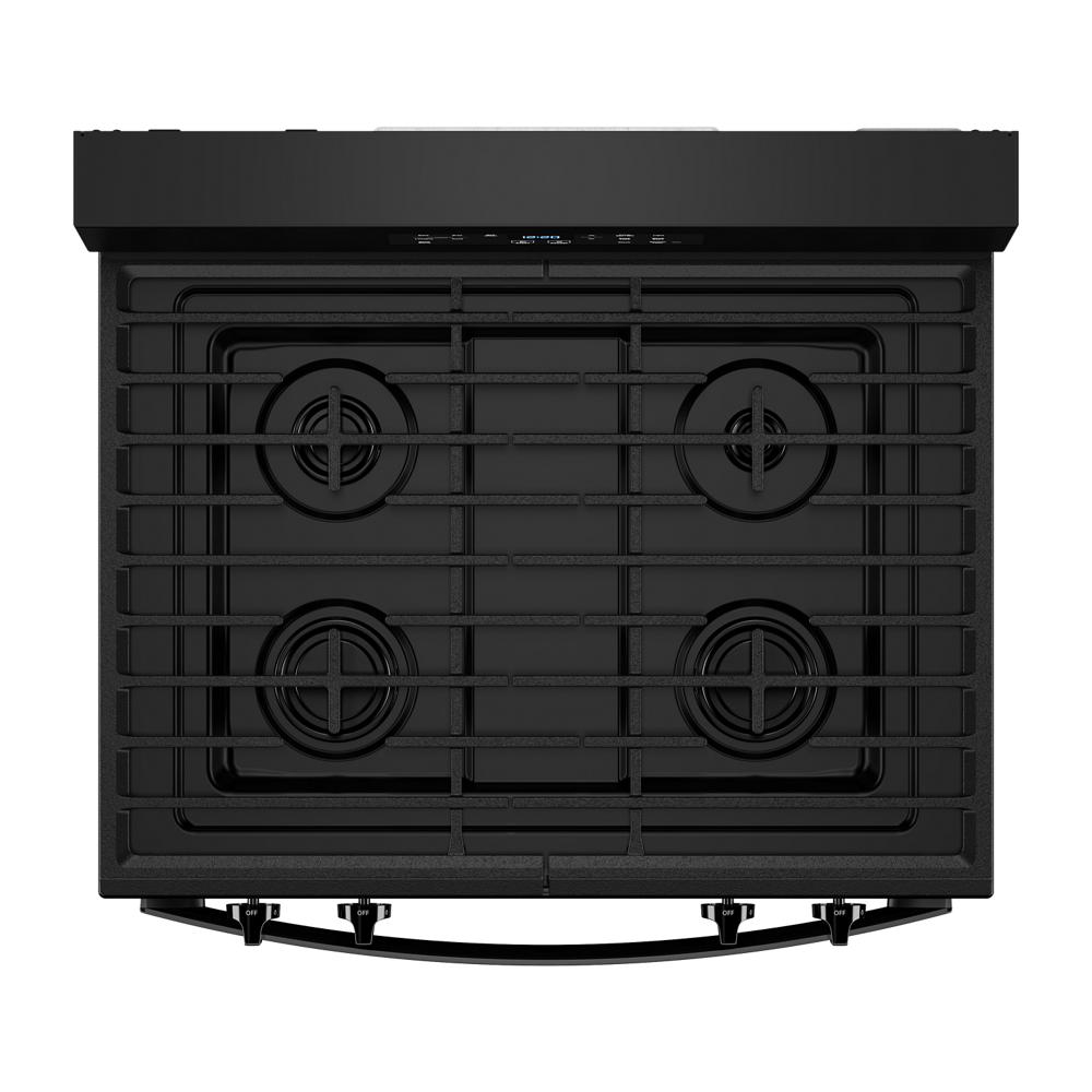Top view of black 30-inch gas range with four burners and control knobs from Ranges & Kitchenware collections