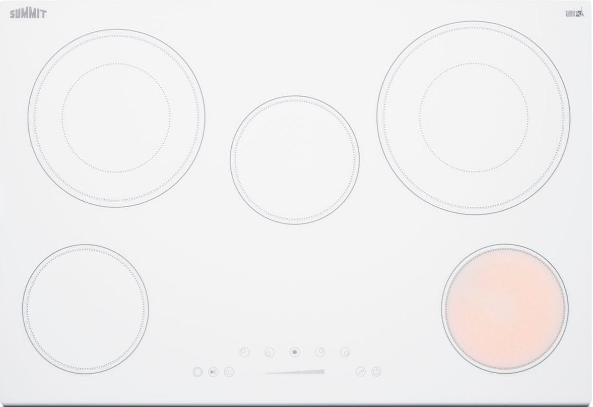 Smooth white radiant cooktop with five burners and touch controls from kitchen appliances collection