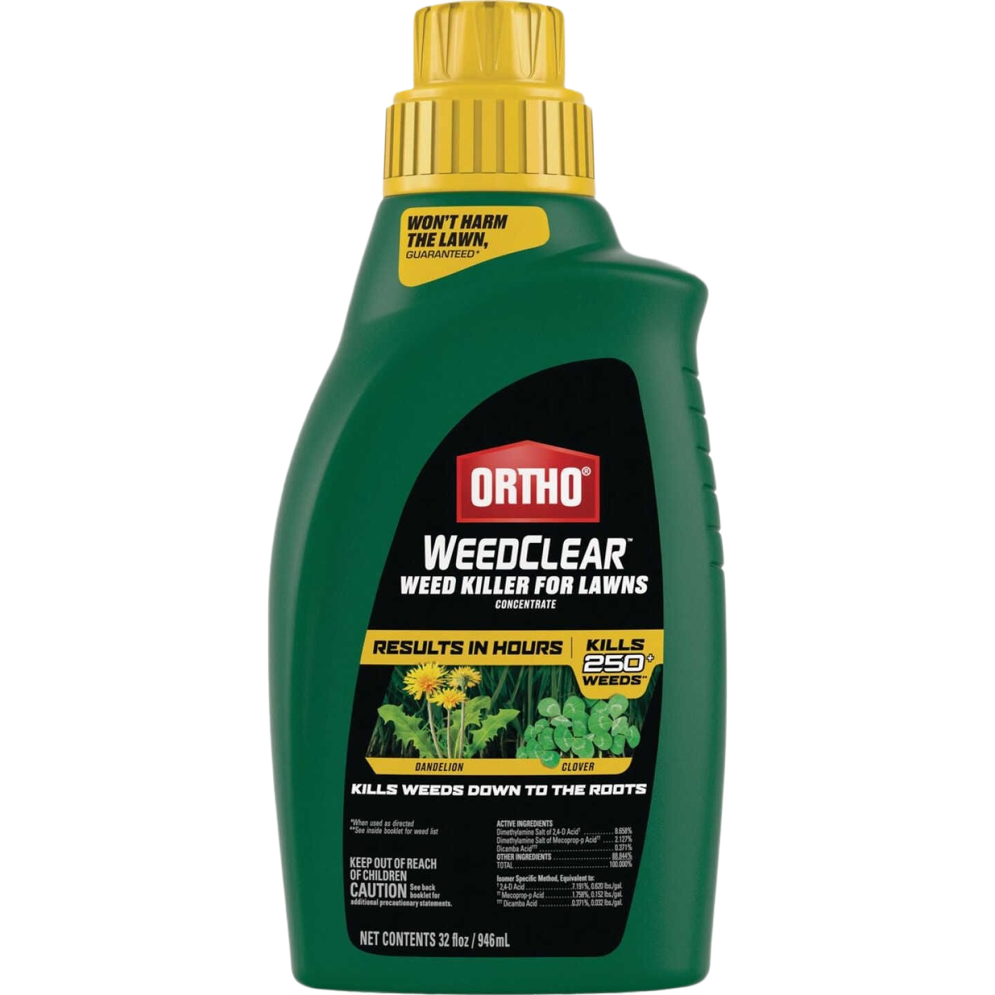 Green bottle of Ortho WeedClear concentrate for lawn weed control, effective against dandelions and clover in lawn care.