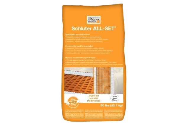 Orange bag of Schluter modified thin-set mortar designed for tile flooring and masonry projects under $100 collection
