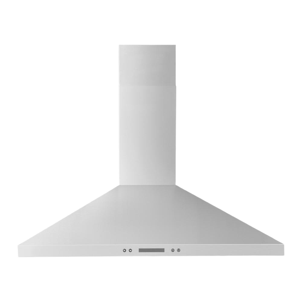 Stainless steel wall mount range hood with LED lights, dishwasher-safe grease filters, and digital controls from kitchenware collection