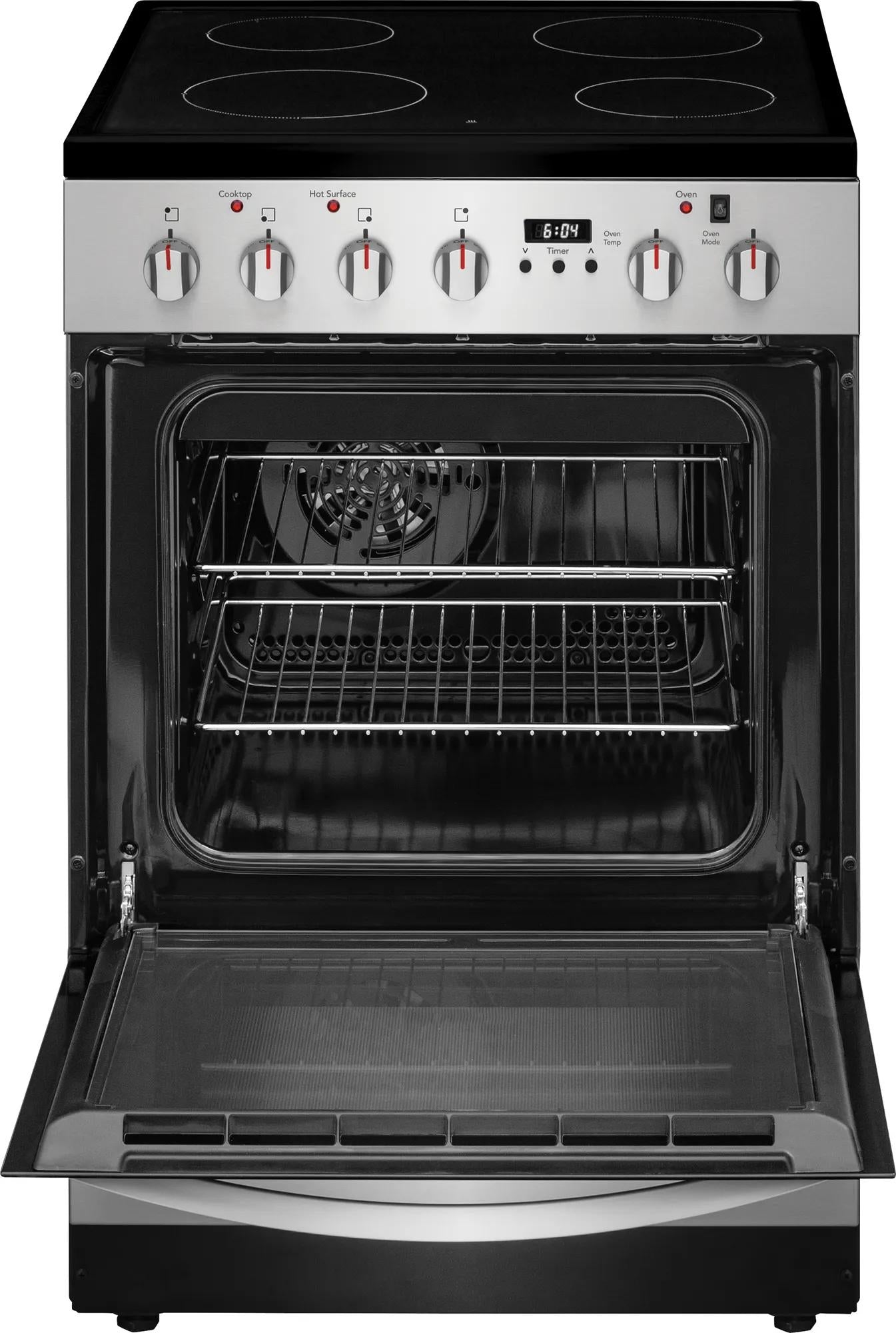 24-inch freestanding electric range with radiant smooth cooktop, convection oven, and stainless steel finish for kitchen appliances