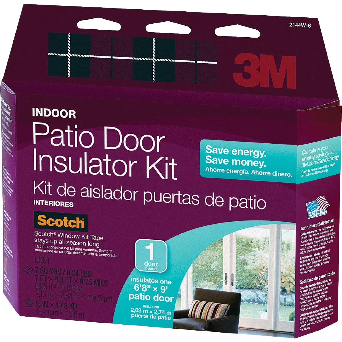 3M indoor patio door insulation kit packaging highlighting energy savings and easy application for home improvement