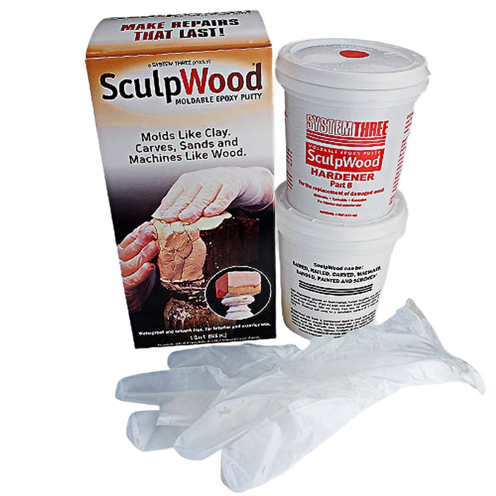 Moldable epoxy putty kit with hardener and disposable gloves for durable repairs in tools and home improvement tasks