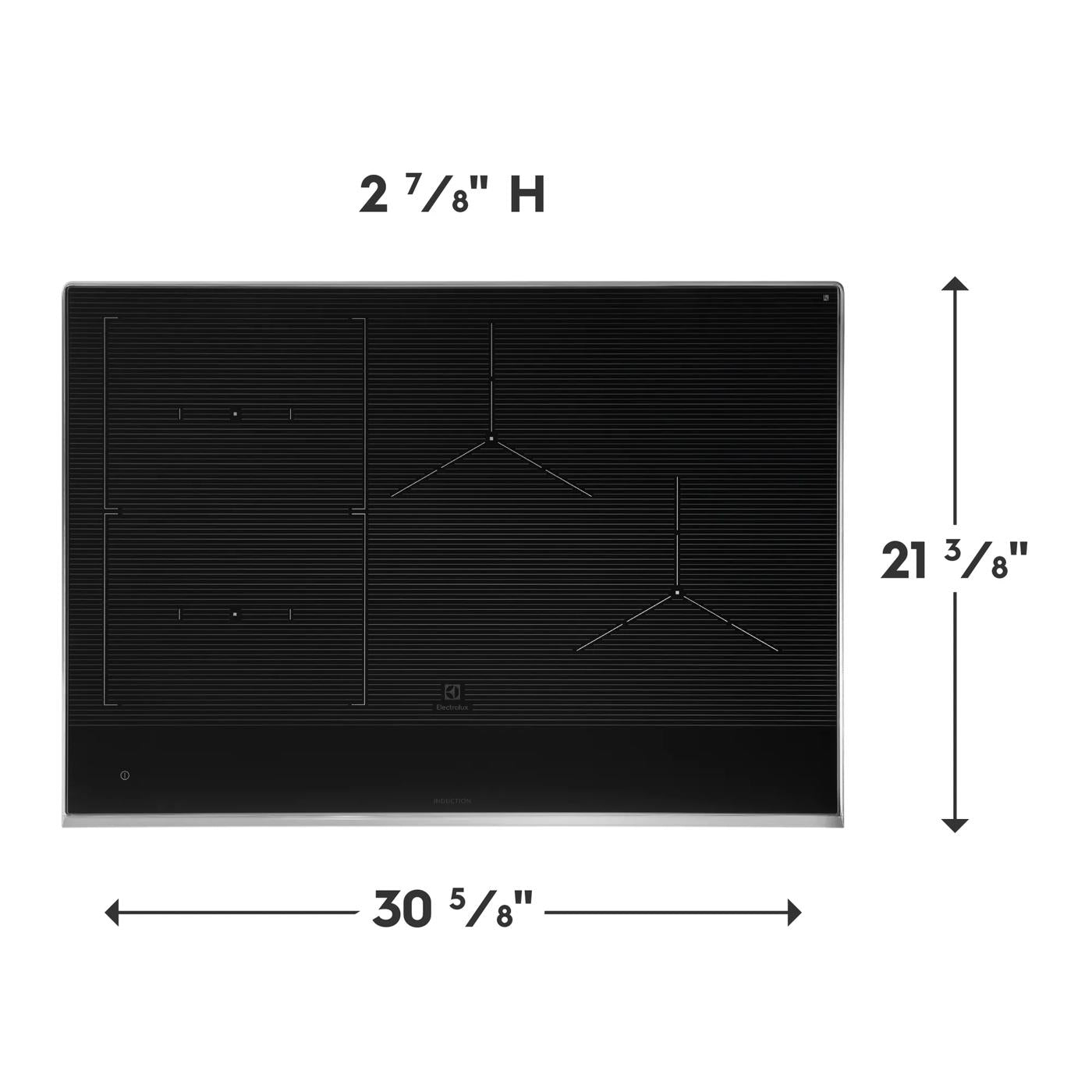 Black induction cooktop with three cooking zones and touch controls, sized for kitchen and appliance installations.