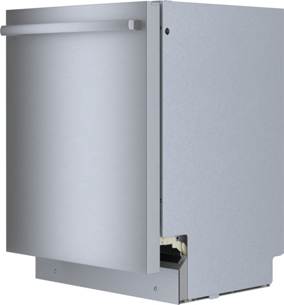 Angled view of a stainless steel 24-inch dishwasher featuring a modern handle from Bosch appliances collection