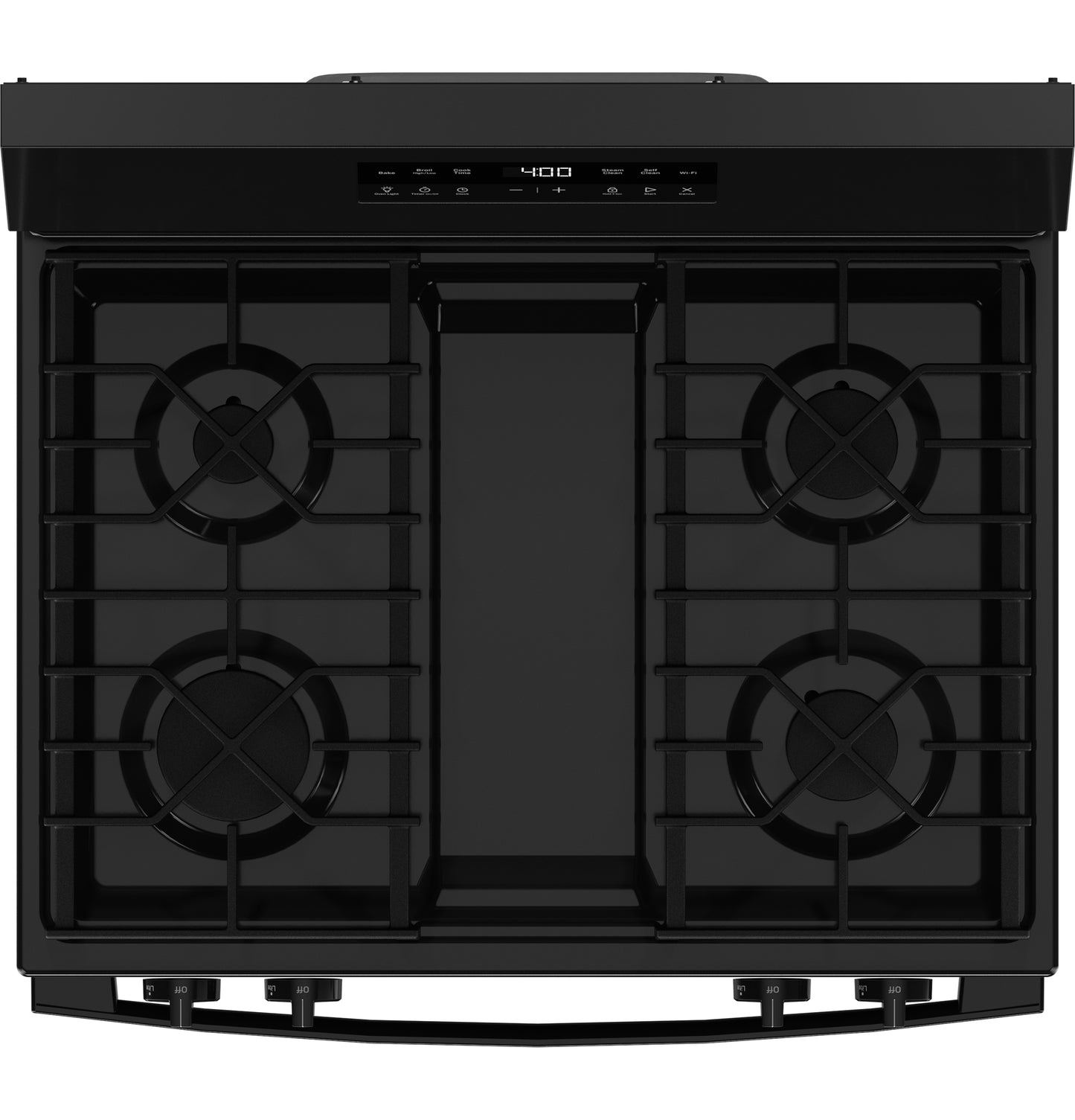 Top view of black free-standing gas range with four burners and digital control panel in kitchen appliances collection