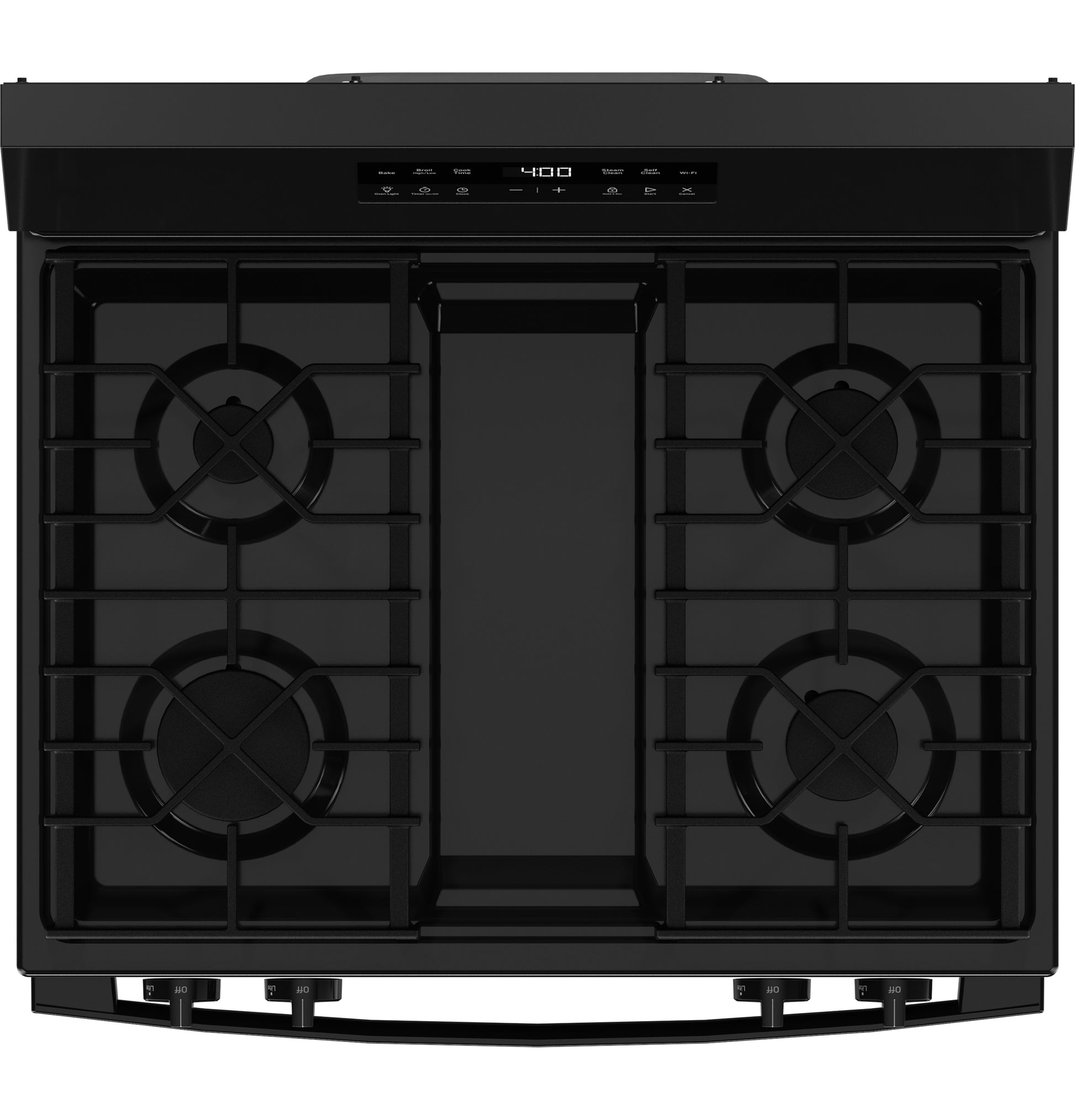 Top view of black free-standing gas range with four burners and digital control panel in kitchen appliances collection