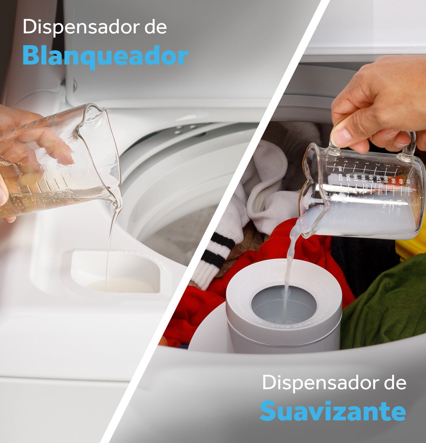 Hands pouring bleach and fabric softener into separate compartments of a top load washer in the washers collection