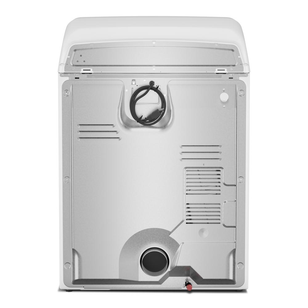 Back view of white gas dryer showing vent, power cord, and internal metal panel from the Dryers collection.