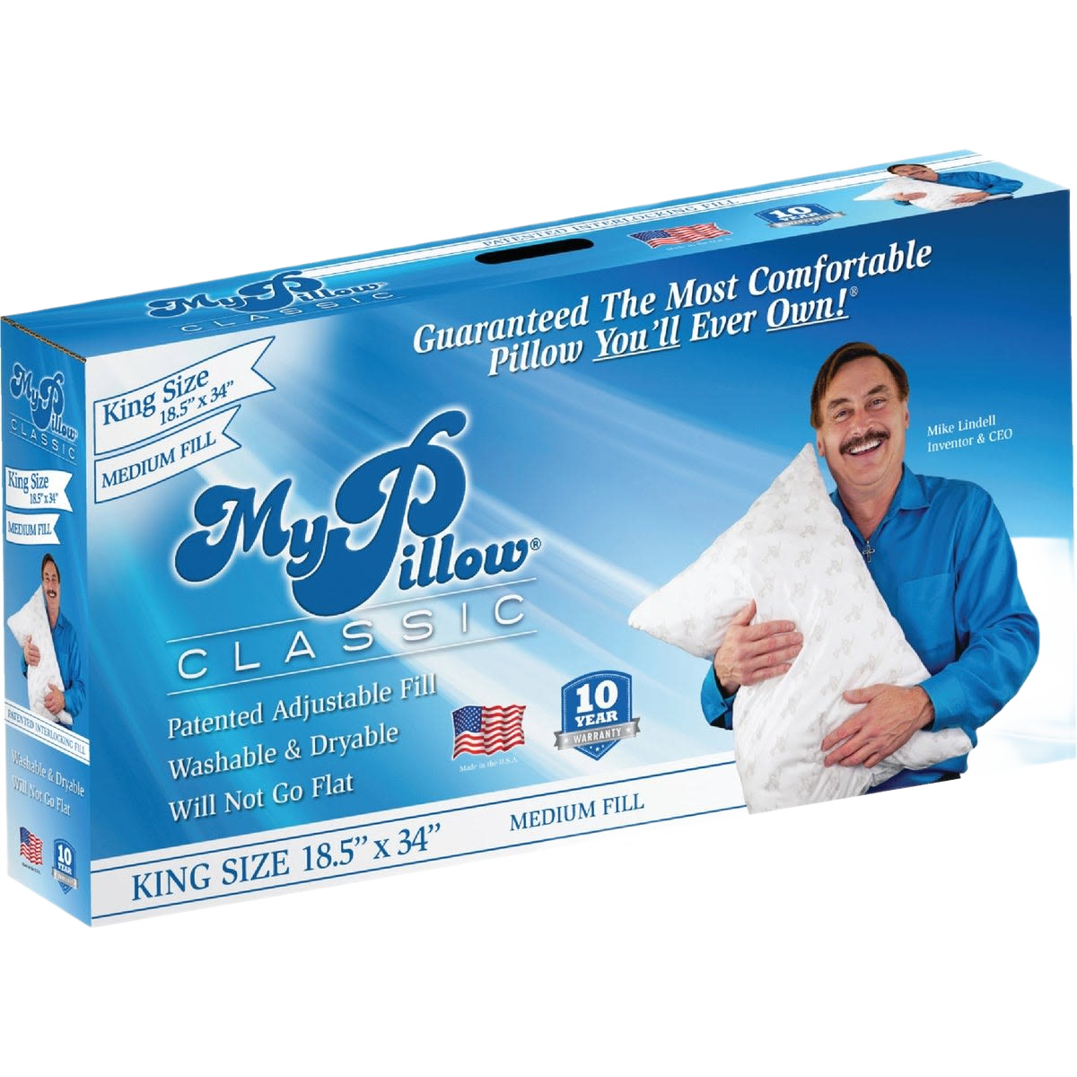 Blue and white packaging of a medium fill king size pillow with an image of a man holding the pillow on front panel