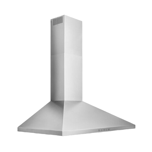 Stainless steel pyramid chimney hood with vented upper section and control buttons for home kitchen ventilation