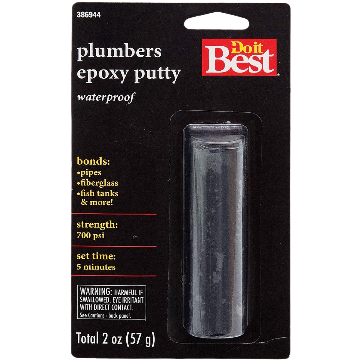 Black package of waterproof plumbers epoxy putty with clear epoxy stick for home improvement repairs