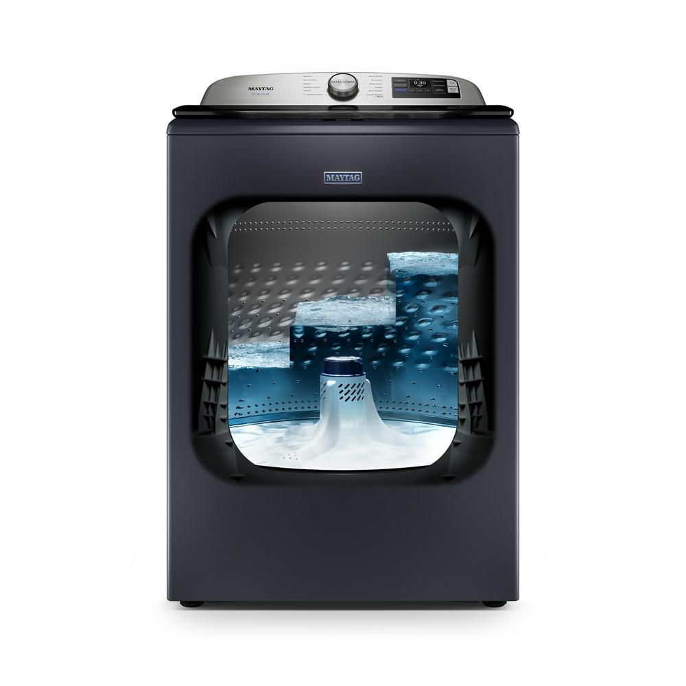 Matte black top load washer with agitator, digital panel, and visible stainless steel drum in washers and appliances collection