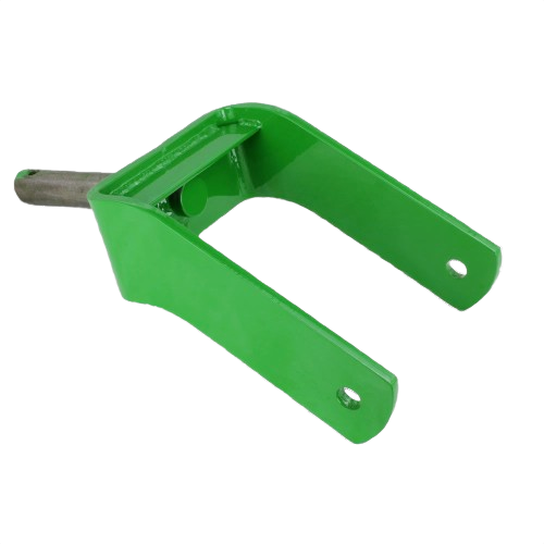 Green metal caster yoke with cylindrical mounting pin designed for home improvement and machinery repair tasks